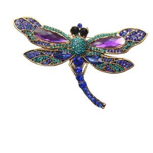 Stunning Large Dragonfly Brooch With Blue & Purple Crystals Gold Tone